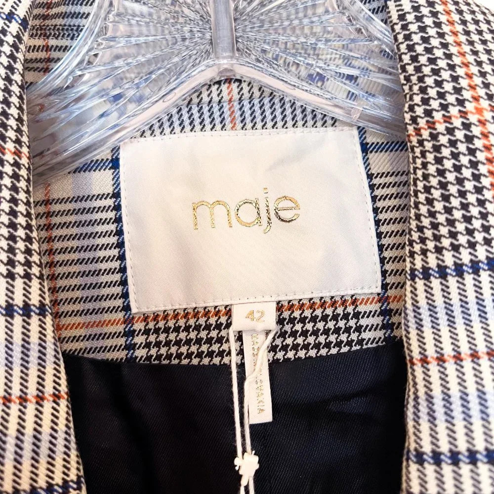 Maje Gray Plaid Academia Preppy Designer Classic Collared Blazer 42 NWT - Picture 5 of 10